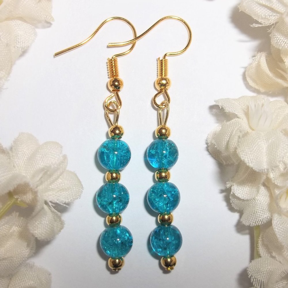 Dangle Earrings Turquoise Blue and Gold Drop Jewelry Gift for Her Woman Set 6447